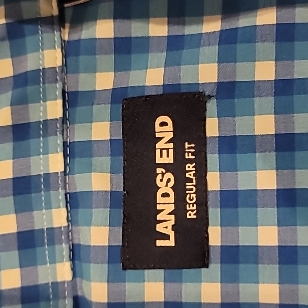 Lands' End Plaid Regular Fit Shirt Blue Teal White 18-18.5 34-351 - Picture 7 of 10